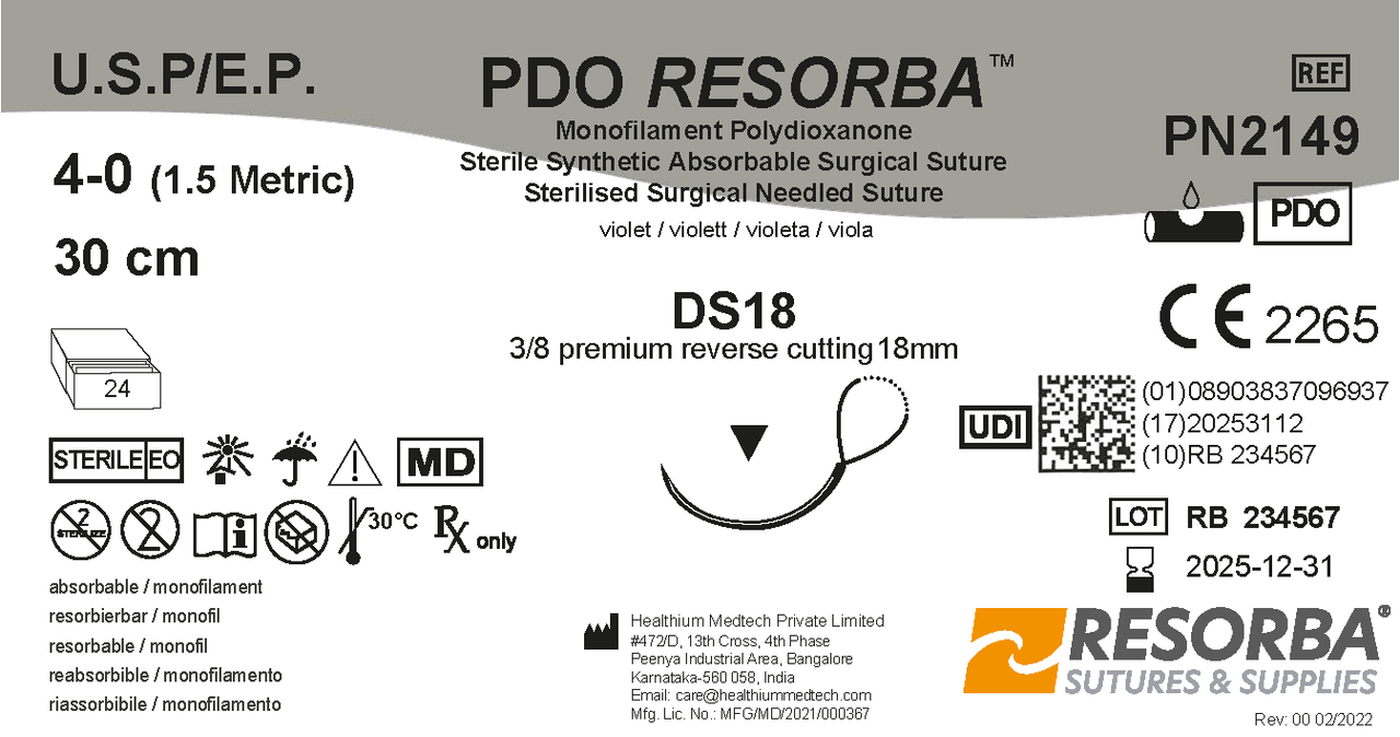 ПДО Ресорба USP 4-0 фіолетовий, довж. петлі 30см, звор-ріж. голка 18мм, 3/8кола